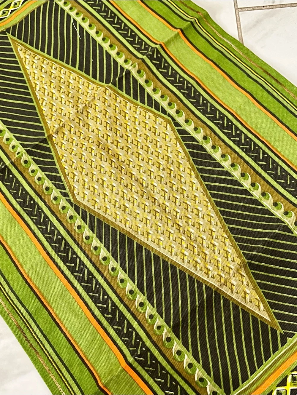 Vintage Caicara Brasil Woven Table Runner Green Orange Geometric Boho Fringe 33